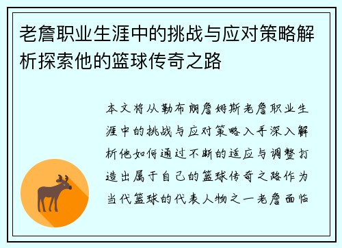 老詹职业生涯中的挑战与应对策略解析探索他的篮球传奇之路 老詹职业生涯中的挑战与应对策略解析探索他的篮球传奇之路